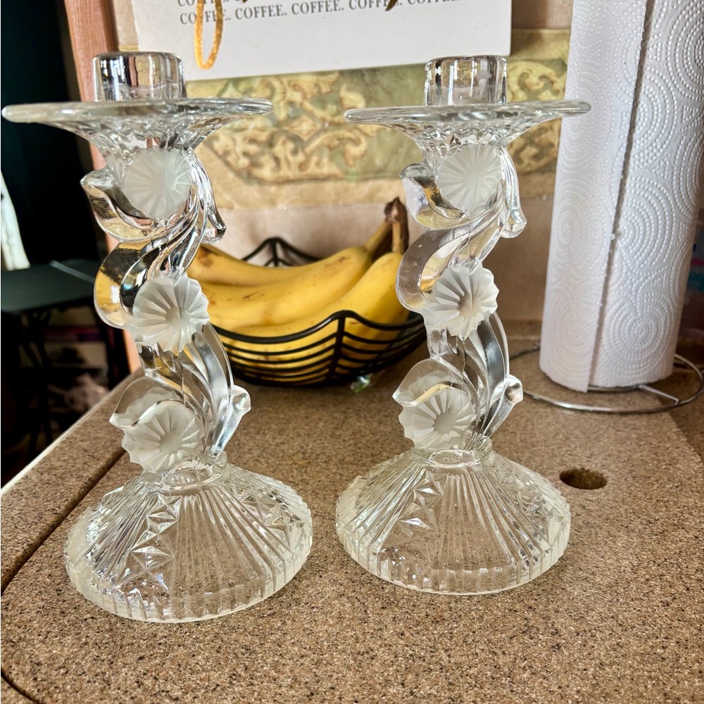 Pair of Libochovice Art Deco glass candlesticks.